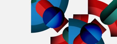 Üst üste binen daireler, dikdörtgenler içeren soyut bir kompozisyon. Kırmızı, mavi, deniz mavisi renkleri beyaz arkaplana hükmediyor. Modern tasarım elemanları.