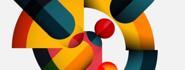 Soyut geometrik bileşim. Üst üste binen şekiller dinamik görsel efekt yaratır. Sıcak, serin renkler harmanlanır, modern tasarım oluşturulur.