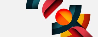 Soyut şekiller örtüşür, dinamik bileşim yaratır. Kırmızı, sarı, deniz mavisi renkleri beyaz arkaplana hakim. Modern tasarım elemanları.