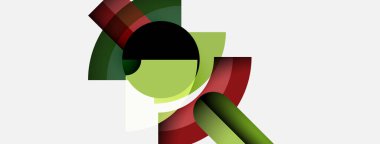 Soyut geometrik şekiller örtüşür, dinamik bileşim yaratır. Renkler arasında yeşil, kırmızı, siyah, açık sarı vardır. Minimalist tasarım.