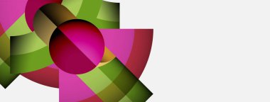 Soyut tasarım özellikleri üst üste binen renkli şekiller. Pembe, yeşil renkler kompozisyona hakim. Modern, canlı estetik..