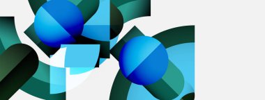 Mavi küreler, yeşil şekiller içeren soyut bir kompozisyon. Minimalist tasarım, temiz çizgiler, modern estetik. Parlak renkler, geometrik biçimler.