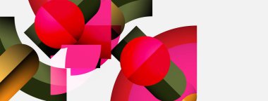 Soyut kompozisyonda canlı geometrik şekiller, daireler, pembeler, kırmızılar, yeşiller bulunur. Temiz çizgileri olan minimalist tasarım, modern estetik..