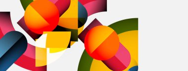 Üst üste binen renkli daireler, dikdörtgenler içeren soyut bir kompozisyon. Canlı renklere, eğimlere, temiz estetiğe sahip modern tasarım.