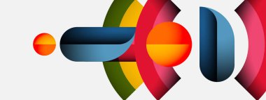 Soyut geometrik şekiller örtüşür, canlı renkli kompozisyon oluşturur. Daireler, dikdörtgenler, kıvrımlar hareket ve derinliği gösteriyor. Modern tasarım.