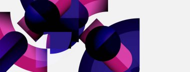 Soyut geometrik şekiller, mor renkler kompozisyona hakim. Çemberler, kareler, dinamik görsel efekt oluşturur. Modern tasarım.