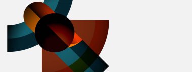 Soyut şekiller örtüşür, dinamik bileşim yaratır. Renkler, kahverengiler, maviler, yeşil-beyaz arka plan. Modern tasarım, basit geometri.