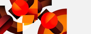 Soyut kompozisyon. Kırmızı küreler geometrik şekillerle örtüşüyor. Sıcak tonlar tasarıma hakim, modern estetik yaratıyor. Minimalist stil.