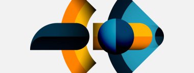 Soyut geometrik şekiller çakışıyor. Mavi, turuncu, deniz mavisi renkleri dinamik bileşim yaratır. Minimalist tasarım, modern estetik.