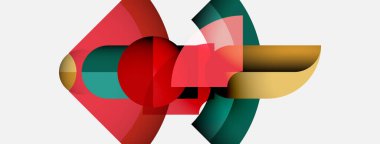 Soyut bileşim, üst üste binen geometrik şekiller içerir. Kırmızı, altın, yeşil renkler tasarımda baskın. Minimalist tarz, modern estetik.