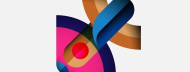 Soyut şekiller örtüşür, canlı renk bileşimi yaratır. Pembe, mavi, turuncu renkler tasarımda baskın. Modern estetik.