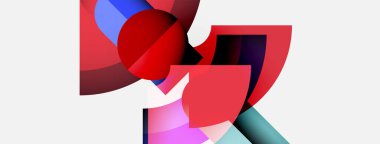 Soyut kompozisyon. Kırmızı, pembe, mavi şekiller kesişiyor. Minimalist tasarım, modern estetik, temiz arka plan. Geometrik formlar görsel ilgi oluşturur.