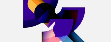 Soyut şekiller örtüşür, dinamik bileşim yaratır. Mor, mavi, turuncu renkler beyaz arkaplana hakim. Modern tasarım elemanları.