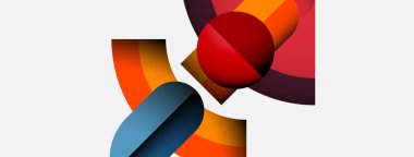 Üst üste binen renkli şekiller içeren soyut bir kompozisyon. Kırmızı küre, turuncu ve mavi elementlerle tezat oluşturur. Minimalist tasarım, temiz arkaplan.