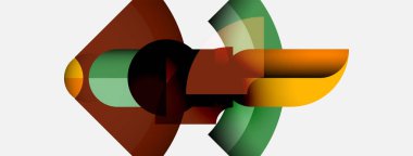 Soyut geometrik şekiller örtüşür, dinamik bileşim yaratır. Sıcak renkler, serin tonlarla harmanlanır, hareket ve derinlik önerilir..