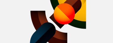 Soyut bileşim kıvrımlı şekiller, canlı renkler içerir. Turuncu küre daha koyu renklerle çelişiyor. Minimalist tasarım, modern estetik.