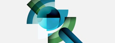 Üst üste binen kıvrımlı şekiller içeren soyut bileşim. Mavi, yeşil renkler beyaz arkaplana hakim. Modern tasarım, dinamik akış.