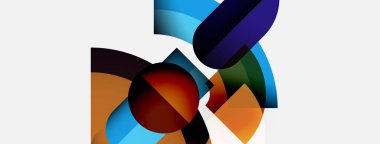 Soyut kompozisyon üst üste binen renkli şekiller içerir. Geometrik formlar dinamik görsel ilgi yaratıyor, modern estetik.