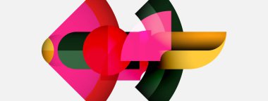 Soyut geometrik şekiller örtüşür, canlı renk kombinasyonları yaratır. Pembe, kırmızı, sarı, yeşil baskın kompozisyon. Modern tasarım.