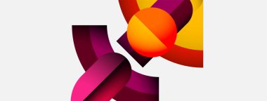 Soyut şekiller, canlı renkler, dinamik kompozisyon. Turuncu küre mor kurdelelerle kesişiyor ve modern görsel etki yaratıyor..