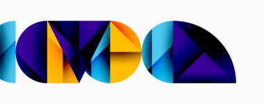 Soyut geometrik şekiller renkli harfler oluşturur. Canlı maviler, morlar, sarılar dinamik görsel etki yaratır. Modern tasarım.