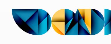Soyut geometrik şekiller harfleri oluşturur. Mavi, sarı renkler dizaynın hakimi. Minimalist tarz, temiz çizgiler modern estetik sunar.