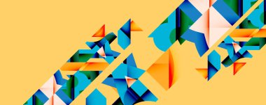 Soyut geometrik şekiller örtüşür, dinamik bileşim yaratır. Parlak renkler sarı arkaplanda karşıtlık yaratır. Modern tasarım elemanları.