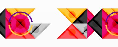 Soyut geometrik tasarımlar. Üçgenler, daireler örtüşüyor. Renkli desenler yaratıyorlar. Modern minimalist stil.