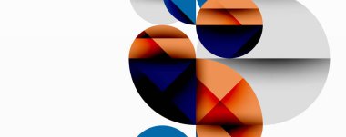 Soyut geometrik şekiller çakışıyor. Turuncu, mavi, gri renkler modern kompozisyon yaratır. Minimalist tasarım dijital estetiği çağrıştırıyor.