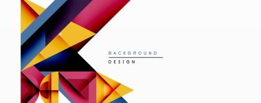 Soyut geometrik şekiller örtüşür, dinamik bileşim yaratır. Beyaz uzaya karşı canlı renkli, mavi, kırmızı, pembe kontrast. Arka planlar için modern tasarım ögesi.