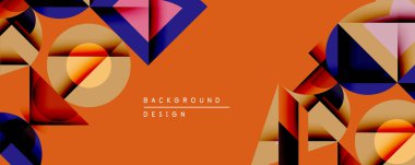 Soyut geometrik bileşim. Üst üste binen şekiller, dinamik görsel ilgi yaratır. Sıcak turuncu arka plan, serin mavi, pembe ve altın tonlarıyla tezat oluşturuyor. Modern tasarım ögesi.