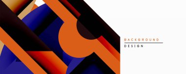 Soyut geometrik bileşim. Üst üste binen şekiller, gradyan kullanarak dinamik görsel efekt yaratır. Turuncu, mavi, siyah renkler tasarımda baskın. Modern estetik.