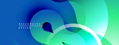 Soyut sıvı şekilleri mavi ve yeşillikleri harmanlıyor. Modern tasarım üst üste binen katmanlar, pürüzsüz eğimler, ince beyaz çizgiler içerir. Dinamik bileşim.