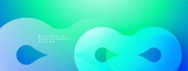 Soyut eğim arkaplanı. Mavi, turkuaz, yeşil renkler düzgün bir şekilde harmanlanmış. Akan şekilli minimalist tasarım, mevcut metin.