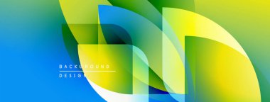 Soyut arkaplan parlak mavi, sarı eğimlere sahiptir. Üst üste binen şekiller dinamik görsel efekt yaratır. Metin arkaplan tasarımı okur.