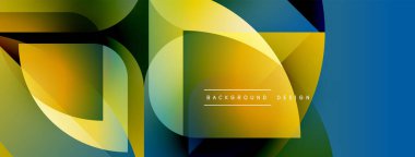 Soyut geometrik şekiller örtüşüyor, canlı renk eğimleri yaratıyor. Sarılar, yeşiller, maviler kompozisyona hakim. Modern tasarım ögesi.