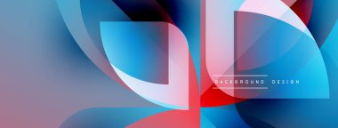 Soyut sıvı şekilleri örtüşür, parlak mavi, kırmızı, mor renkler yaratır. Arkaplan, pankart ve sunumlar için modern tasarım ögesi.