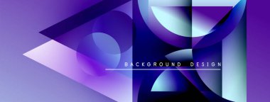 Soyut geometrik şekiller örtüşüyor, canlı mor ve mavi renkler yaratıyor. Metin, kompozisyon içerisindeki arkaplan tasarımını okur.