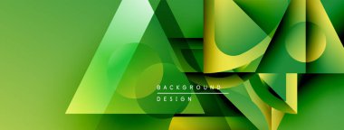 Soyut geometrik şekiller örtüşüyor, canlı yeşil, sarı renkler yaratıyor. Modern tasarım elementleri yenilik ve akıcılık öneriyor. Metin arkaplan tasarımı okur.