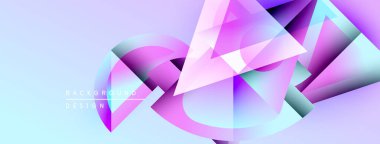 Soyut geometrik şekiller örtüşüyor, canlı mor ve mavi renkler yaratıyor. Arkaplanda metin arkaplan tasarımı var. Modern, şık görsel kompozisyon.