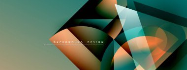 Soyut geometrik şekiller üst üste binerek modern tasarım yaratıyor. Teal, kahverengi, turuncu renkler kompozisyona hakim. Minimalist metin mevcut.