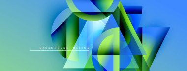Soyut geometrik şekiller örtüşür, parlak mavi, yeşil eğimler yaratır. Modern tasarım teknoloji, yenilik, dinamik kompozisyon öneriyor.