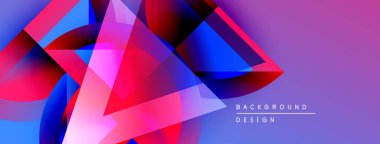 Soyut geometrik şekiller örtüşüyor, canlı renk eğimleri yaratıyor. Mavi, pembe, kırmızı renkler kompozisyona hakim. Modern tasarım ögesi.