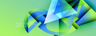 Soyut geometrik şekiller örtüşür, dinamik görsel efekt yaratır. Yeşil, mavi renkler kompozisyona hakim. Modern tasarım ögesi.