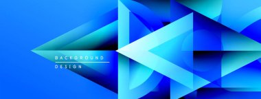 Soyut mavi geometrik şekiller dinamik arkaplan yaratır. Katmanlar örtüşüyor, gradyan etkilerle modern tasarımı oluşturuyorlar. Canlı renkler kompozisyona hakim.