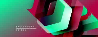 Soyut geometrik tasarım. Canlı gradyanlar, katmanlı şekiller modern görsel efektler yaratır. Yeşil, kırmızı renkler kompozisyona hakim..