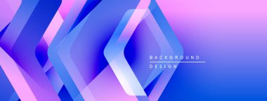 Soyut geometrik şekiller, canlı mor, mavi gradyanlar. Modern tasarım elementleri dinamik görsel doku oluşturur. Minimalist estetik.
