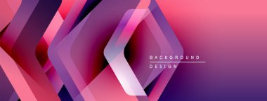 Soyut geometrik katmanlar canlı pembe, mor gradyan oluşturur. Modern tasarım teknoloji, yenilik, dinamik görseller öneriyor.