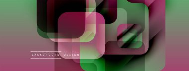 Soyut geometrik desen. Üst üste binen kareler modern tasarım yaratır. Yeşil, mor renkler kompozisyona hakim. Mevcut en küçük metin.