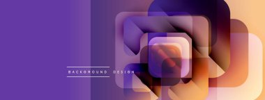 Soyut geometrik bileşim. Üst üste binen kareler katmanlı etki yaratır. Mor, turuncu renkler tasarımda baskın. Modern, minimalist estetik.